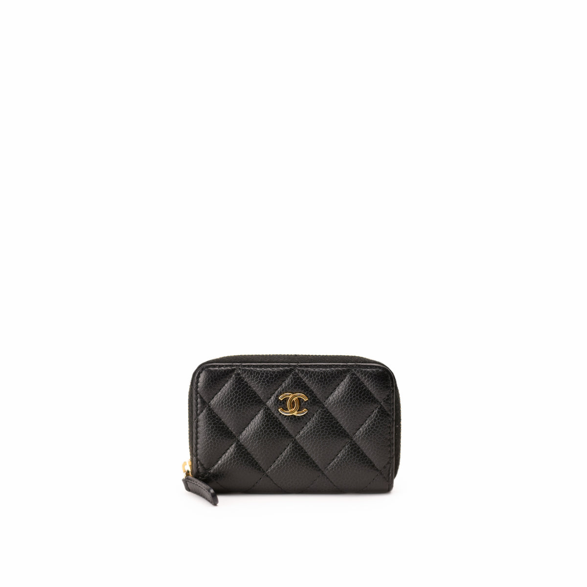 Black quilted caviar leather Chanel zip-around wallet with gold CC logo. curated Pre-loved Luxury by Myluxe in Helsinki.