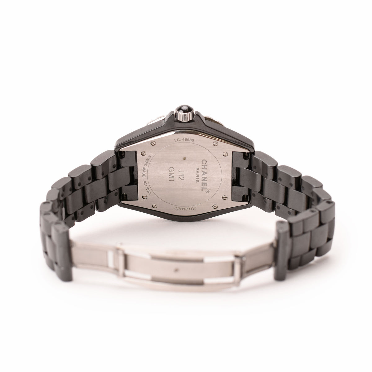 Chanel J12 GMT automatic black ceramic watch with silver metal clasp. curated Pre-loved Luxury by Myluxe in Helsinki.