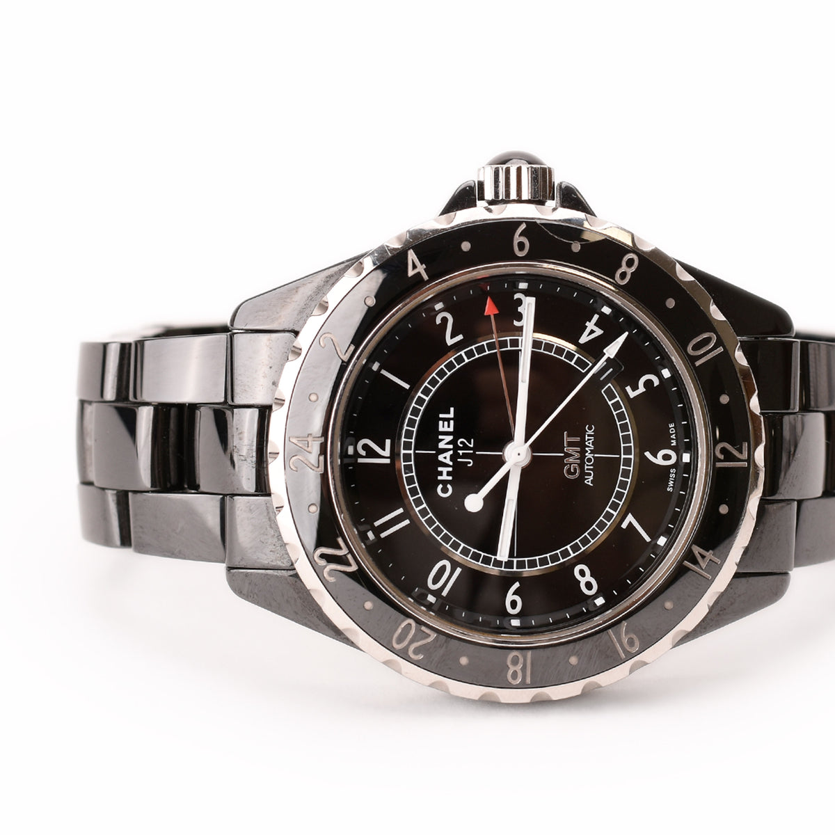 Chanel J12 GMT Automatic black ceramic watch with silver accents. Curated Pre-loved Luxury by Myluxe in Helsinki.