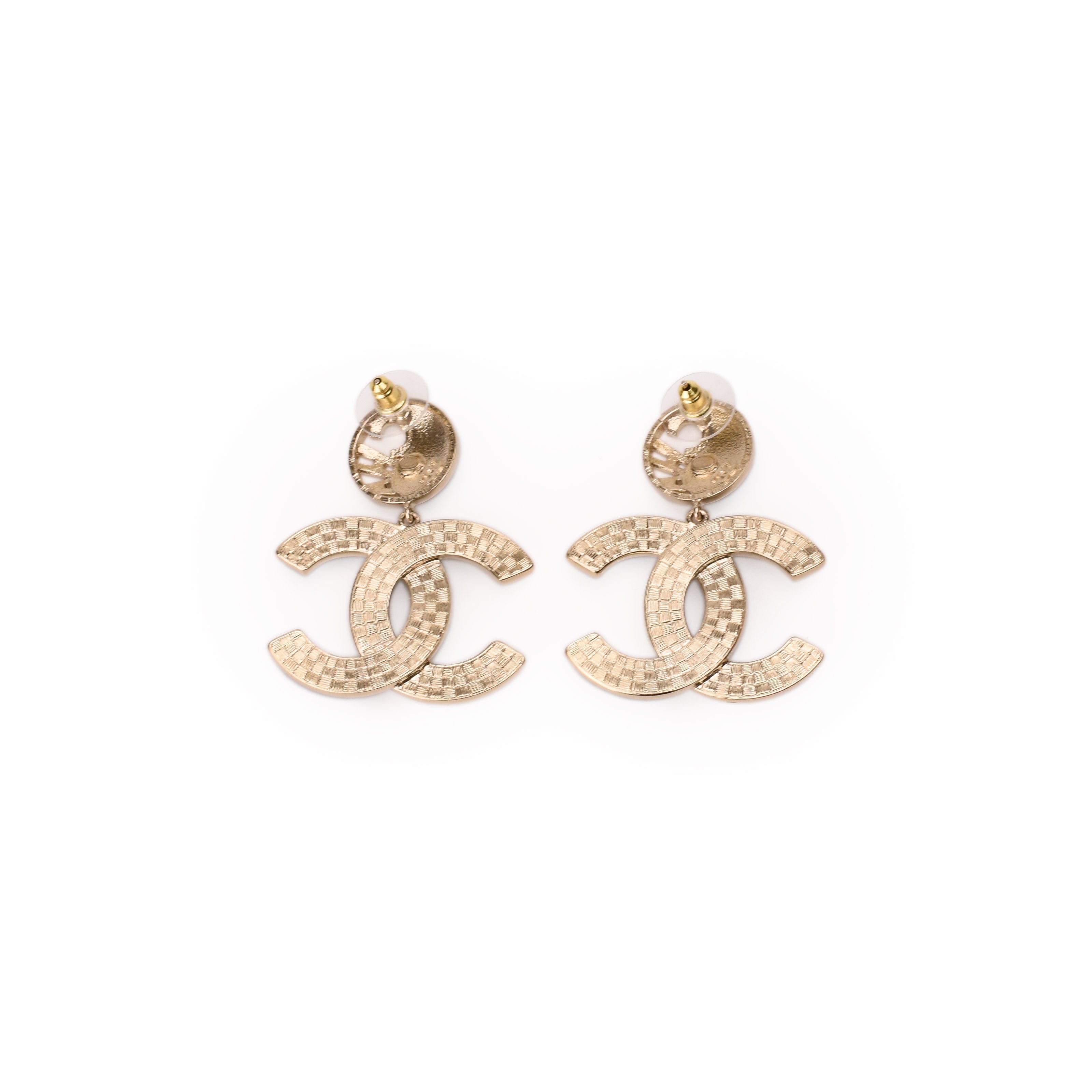 Chanel CC Logo Drop Earrings Black and White Enamel Gold Tone