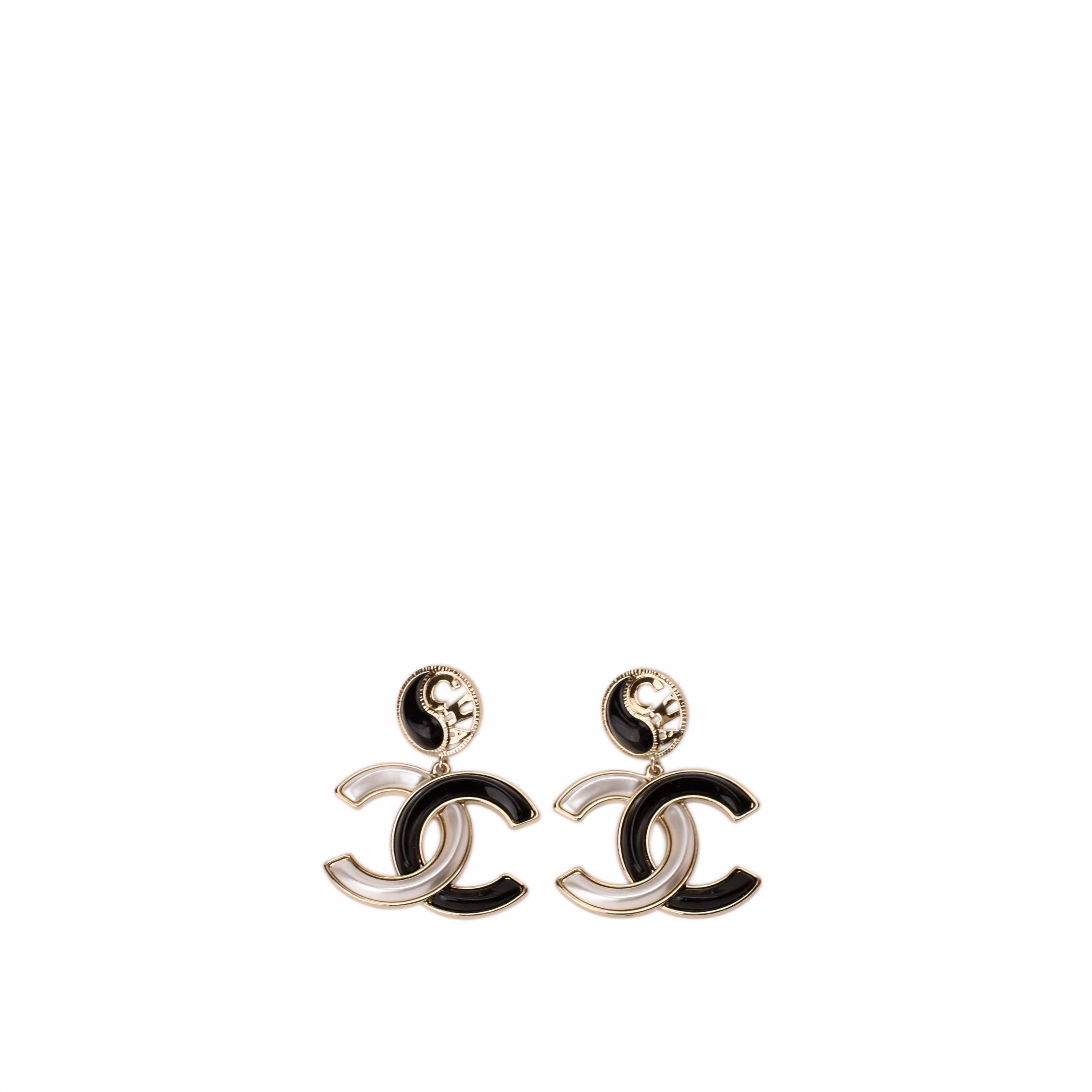 Chanel CC Logo Drop Earrings Black and White Enamel Gold Tone