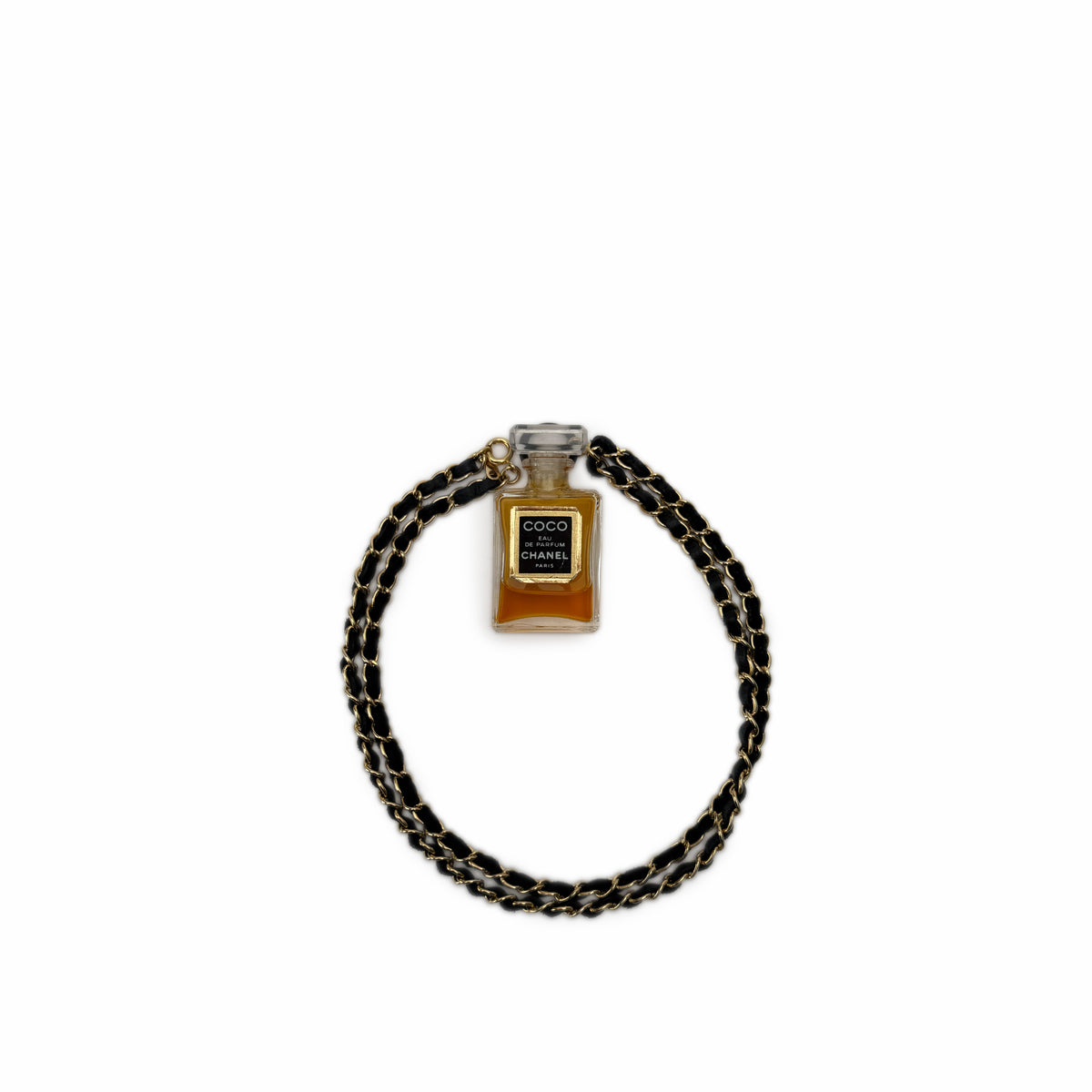 Chanel Coco Mademoiselle perfume bottle with a black and gold chain strap, curated Pre-loved Luxury by Myluxe in Helsinki.