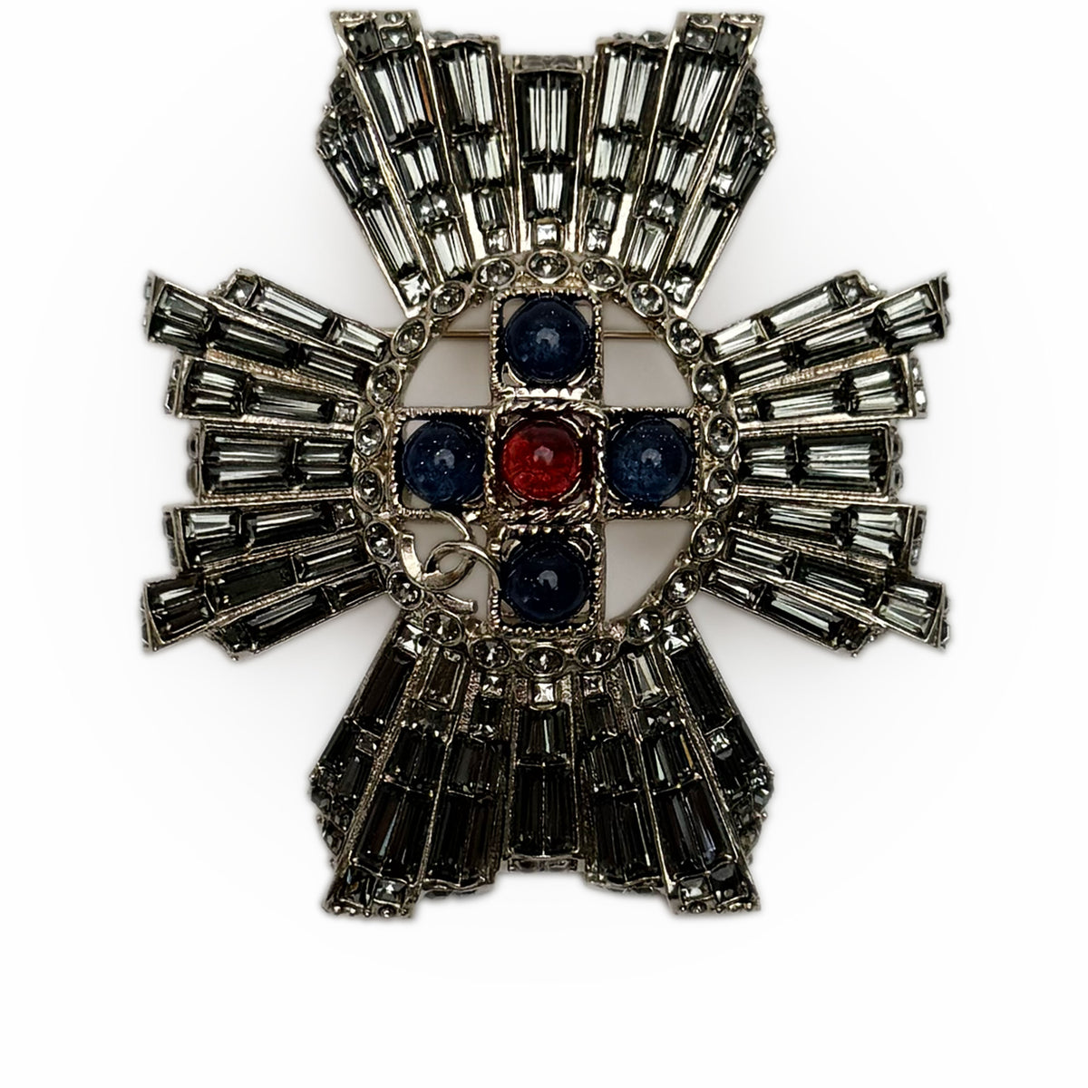 Silver cross brooch with dark blue and red gemstones, curated Pre-loved Luxury by Myluxe in Helsinki.