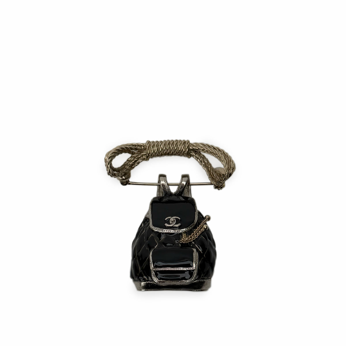 Chanel black quilted leather handbag brooch with gold-tone rope detail, curated Pre-loved Luxury by Myluxe in Helsinki.