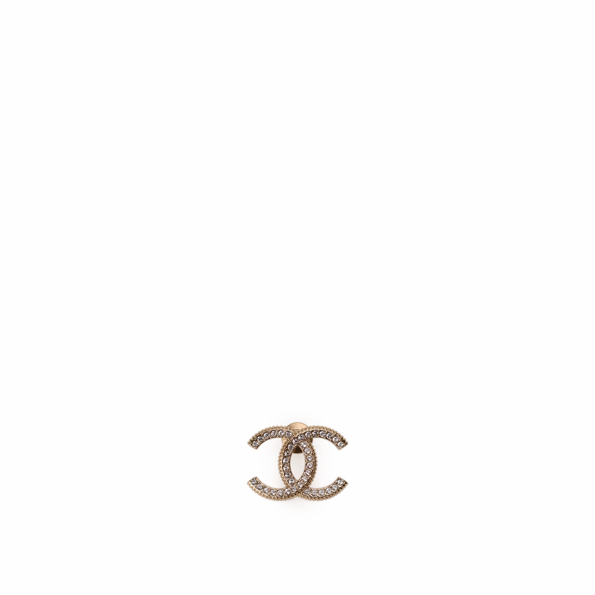 Chanel interlocking CC logo earring in gold-tone metal with sparkling crystals. curated Pre-loved Luxury by Myluxe in Helsinki.