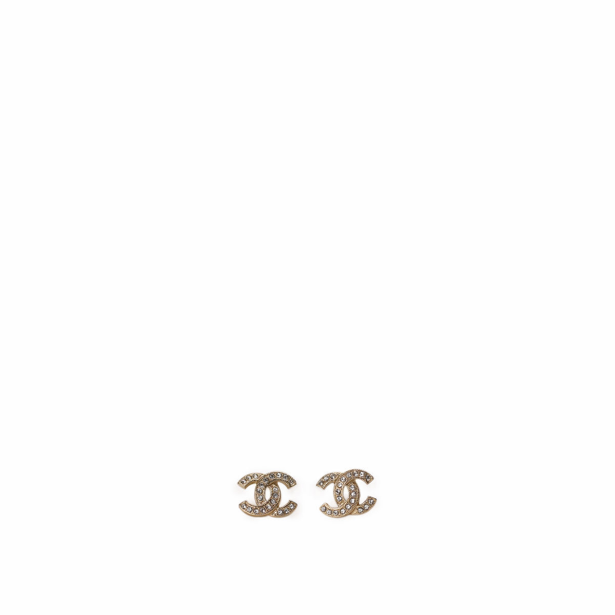 Chanel gold-tone interlocking CC logo stud earrings with crystal embellishments. curated Pre-loved Luxury by Myluxe in Helsinki.