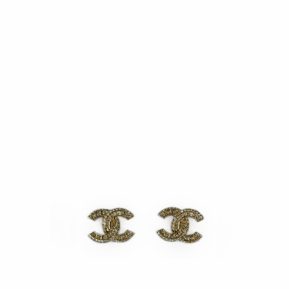 Gold-tone Chanel interlocking CC earrings encrusted with sparkling crystals, curated Pre-loved Luxury by Myluxe in Helsinki.