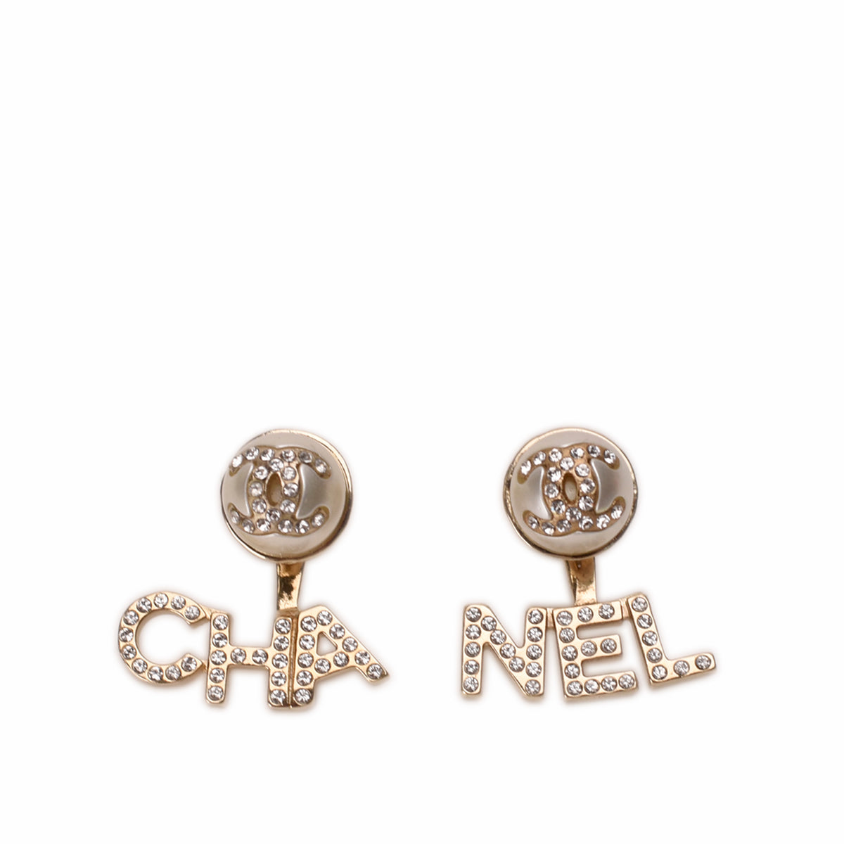 Gold-tone Chanel crystal-encrusted logo stud earrings. curated Pre-loved Luxury by Myluxe in Helsinki.