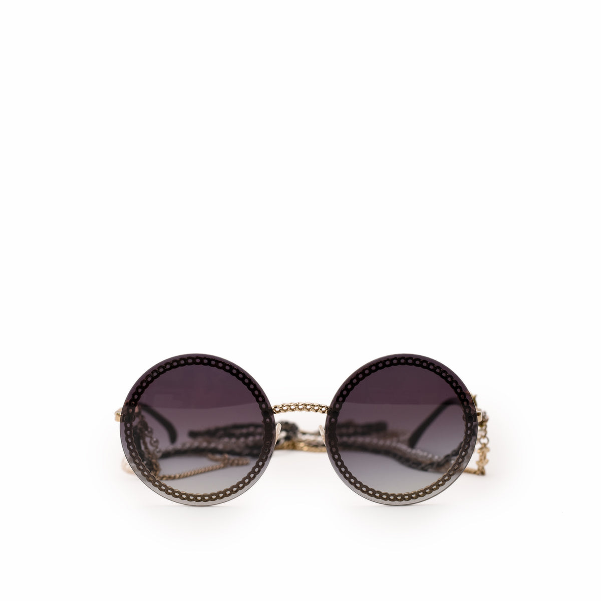 Round dark tinted sunglasses with gold chain detail, curated Pre-loved Luxury by Myluxe in Helsinki.