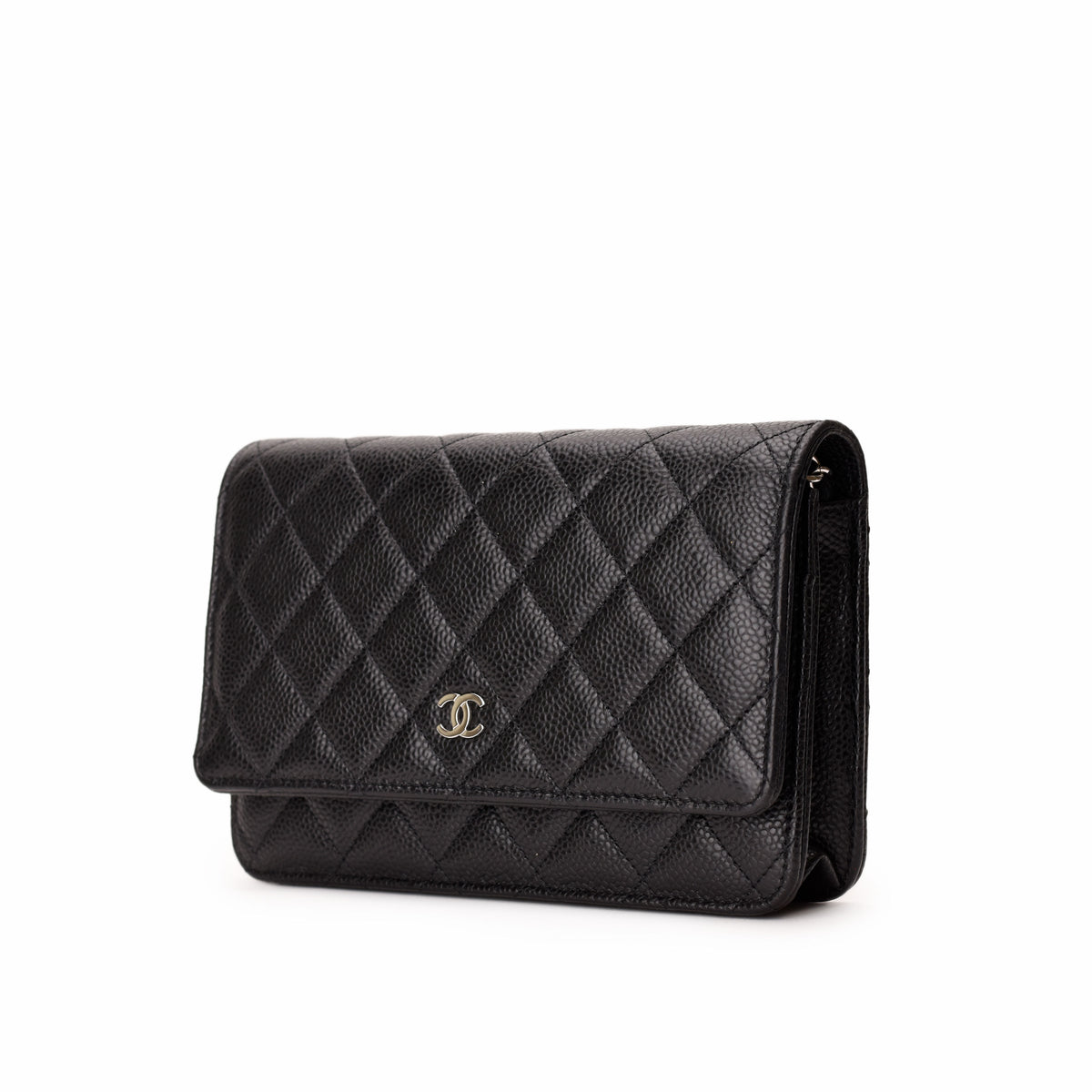 Black quilted leather Chanel wallet with gold logo, curated Pre-loved Luxury by Myluxe in Helsinki.