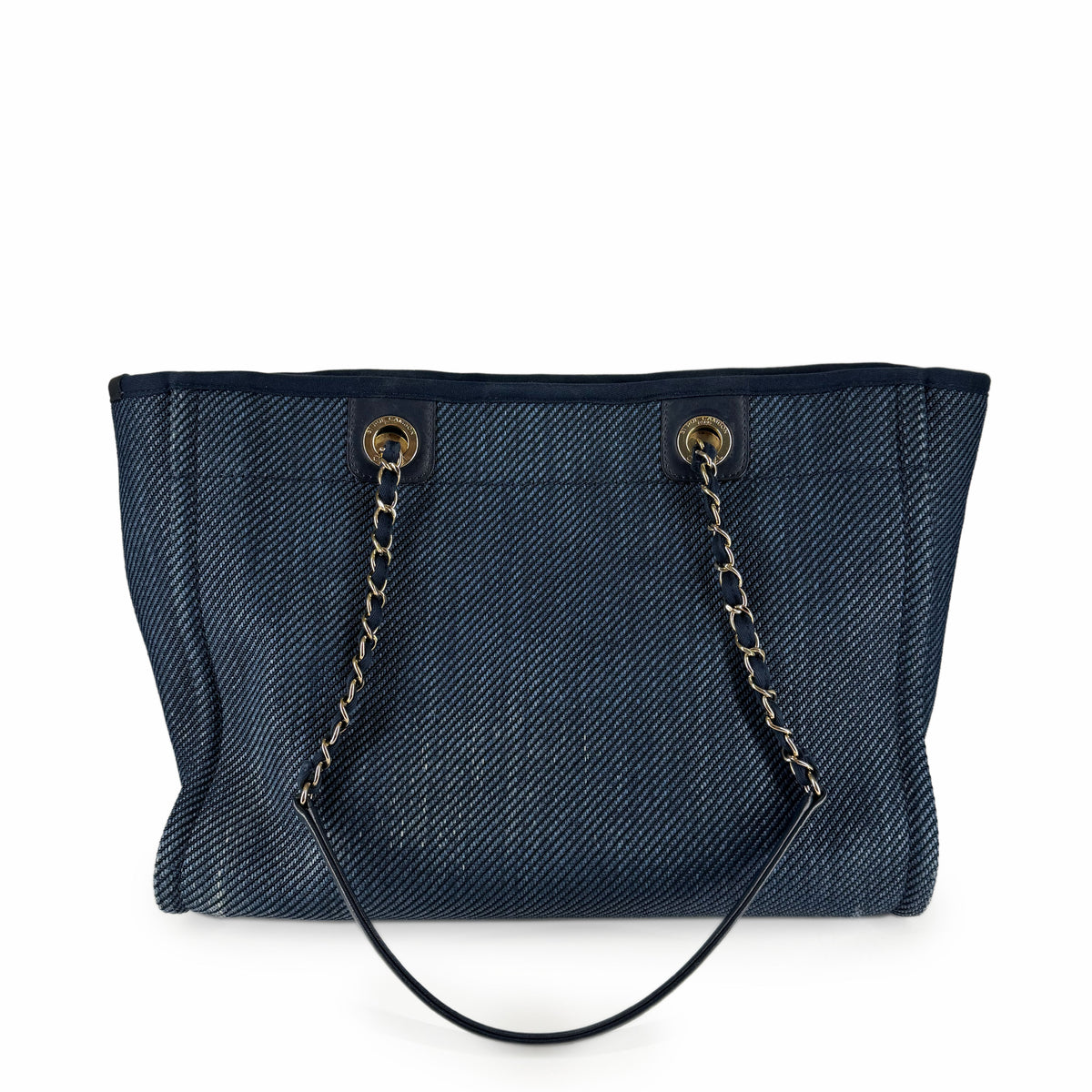 Navy blue textured fabric tote bag with silver chain straps, curated Pre-loved Luxury by Myluxe in Helsinki.