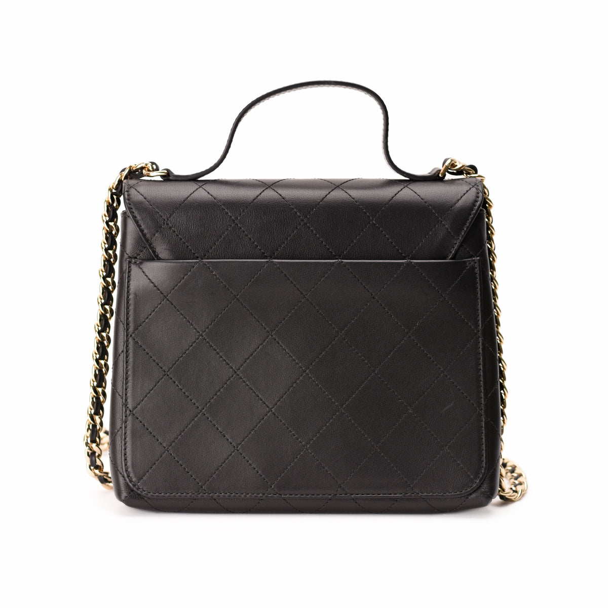 Black quilted leather handbag with gold-tone chain strap, curated Pre-loved Luxury by Myluxe in Helsinki.