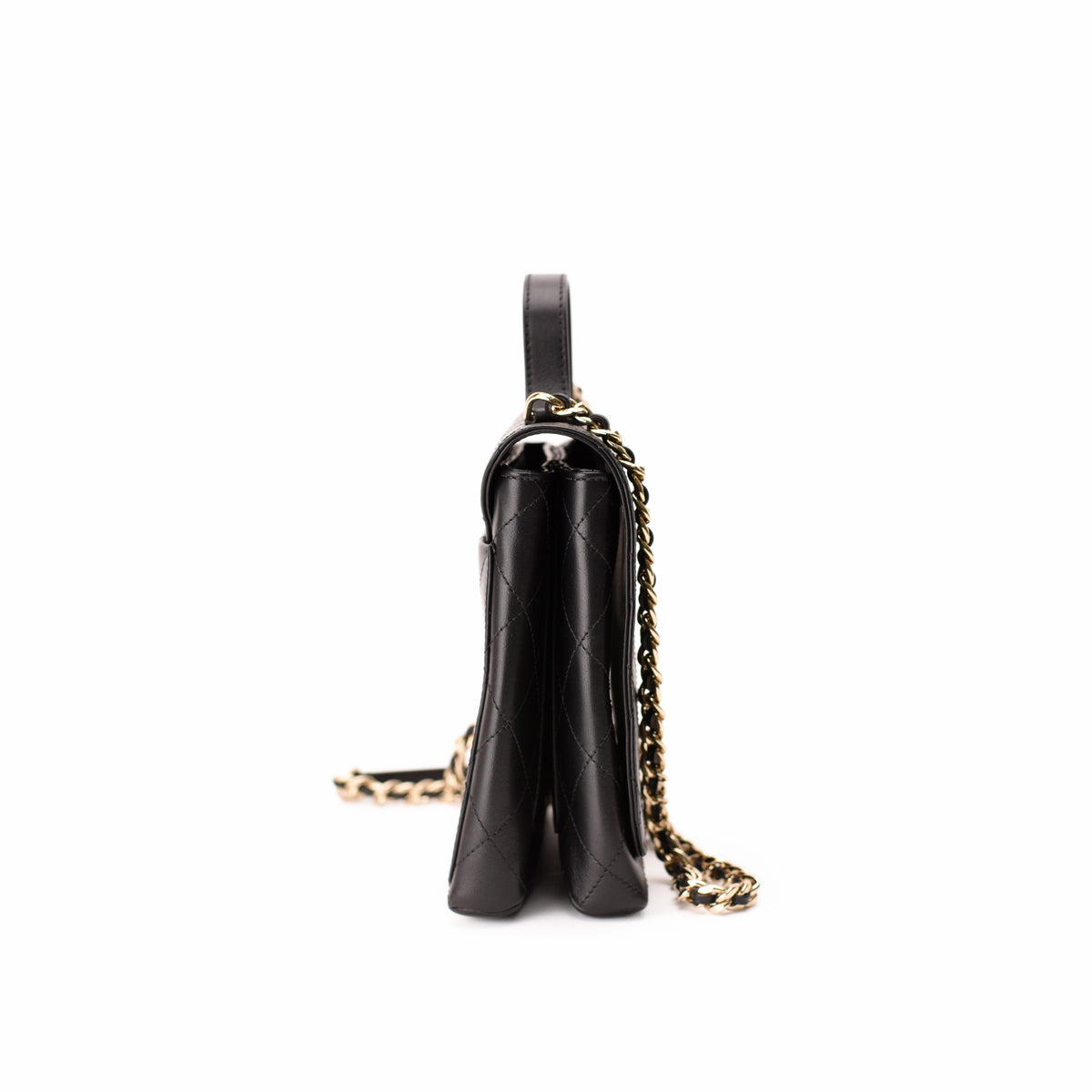 Black quilted leather handbag with gold-tone chain strap, curated Pre-loved Luxury by Myluxe in Helsinki.