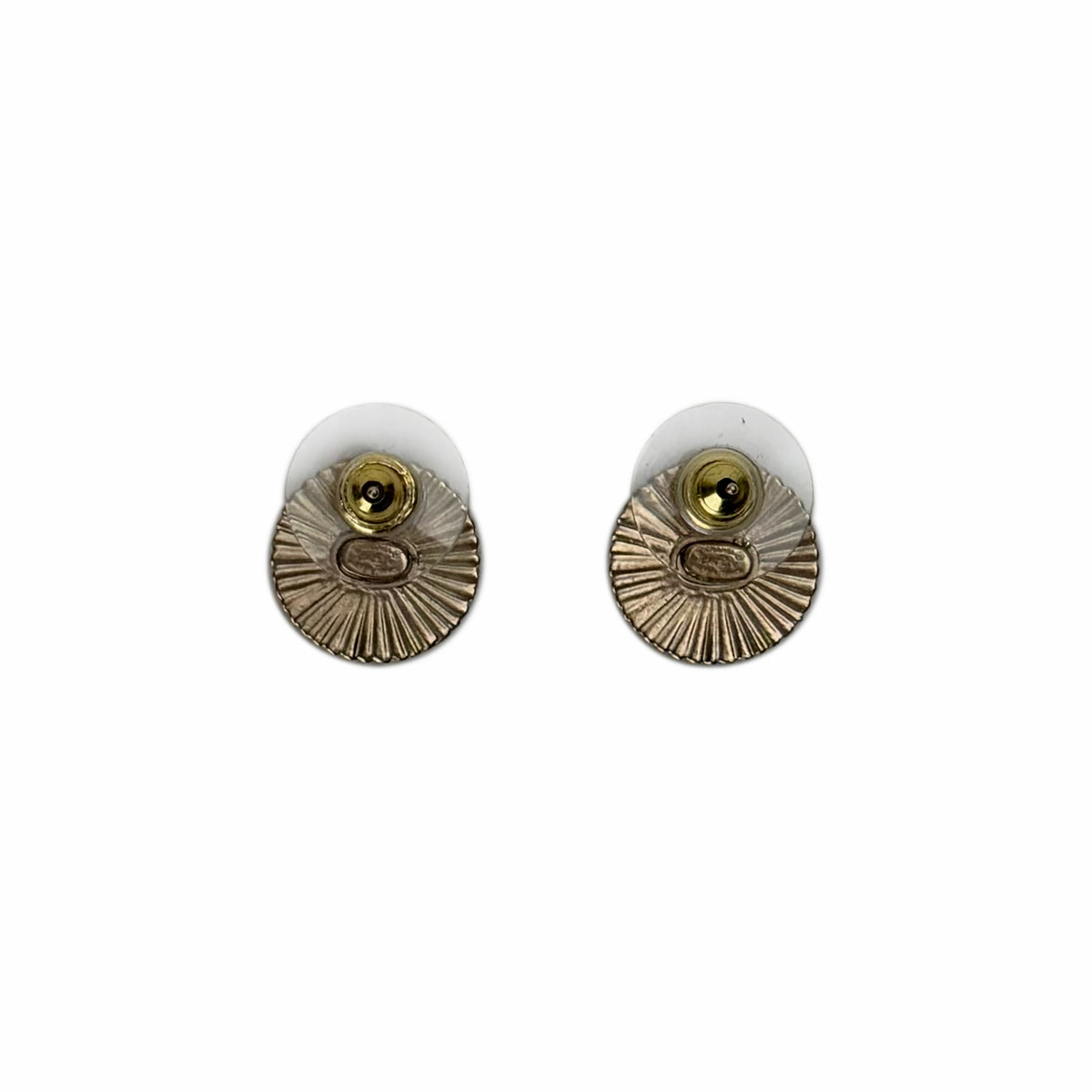 Gold-tone textured metal stud earrings with circular pleated design, curated Pre-loved Luxury by Myluxe in Helsinki.
