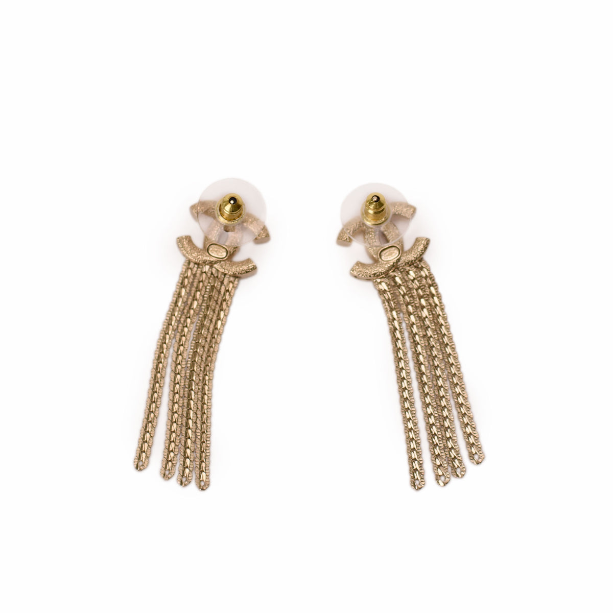 Gold-tone Chanel tassel drop earrings with chain fringe. curated Pre-loved Luxury by Myluxe in Helsinki.