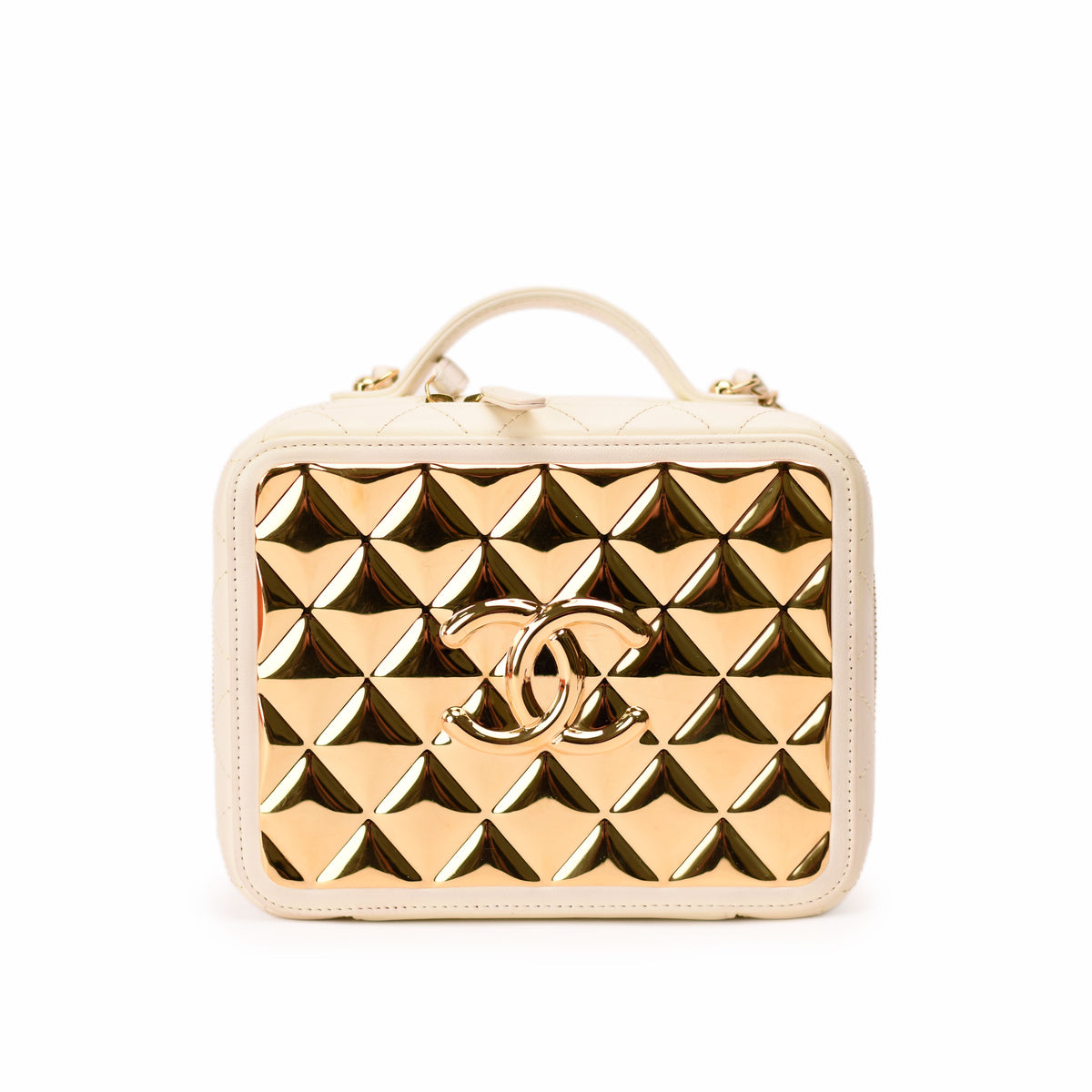 Chanel gold metallic pyramid quilted handbag in cream leather. curated Pre-loved Luxury by Myluxe in Helsinki.