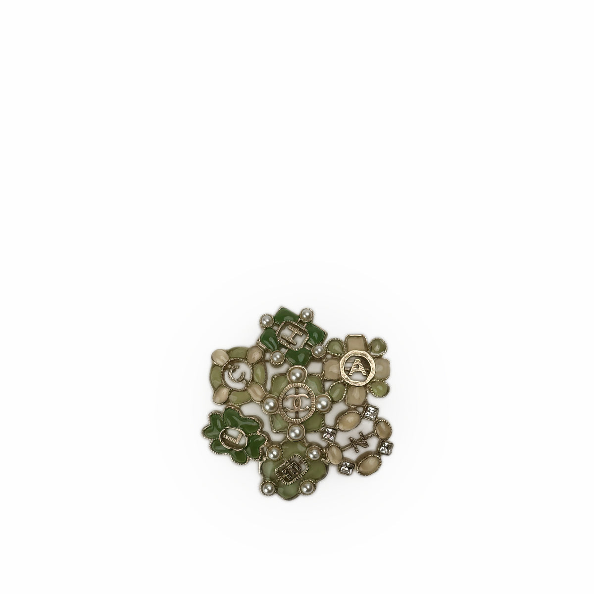 Vintage green resin floral brooch with gold-tone letter charms, curated Pre-loved Luxury by Myluxe in Helsinki.