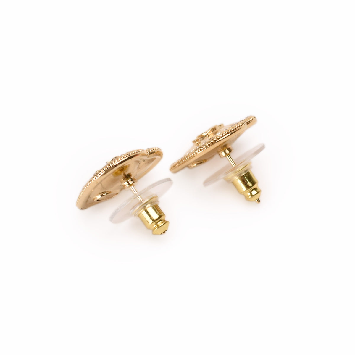 Gold-tone textured circular stud earrings. curated Pre-loved Luxury by Myluxe in Helsinki.