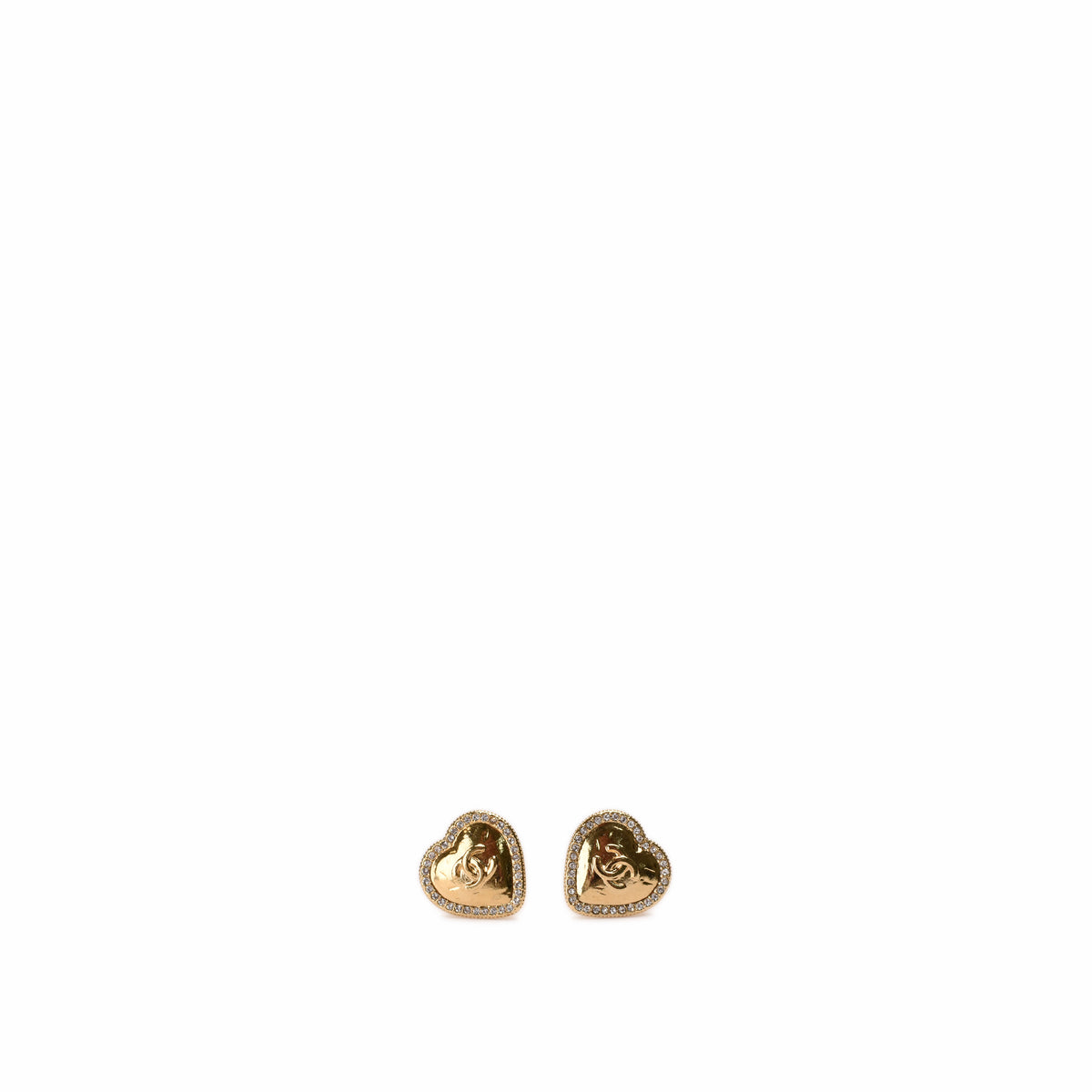 Chanel gold-tone heart-shaped stud earrings with pavé crystal detailing. curated Pre-loved Luxury by Myluxe in Helsinki.