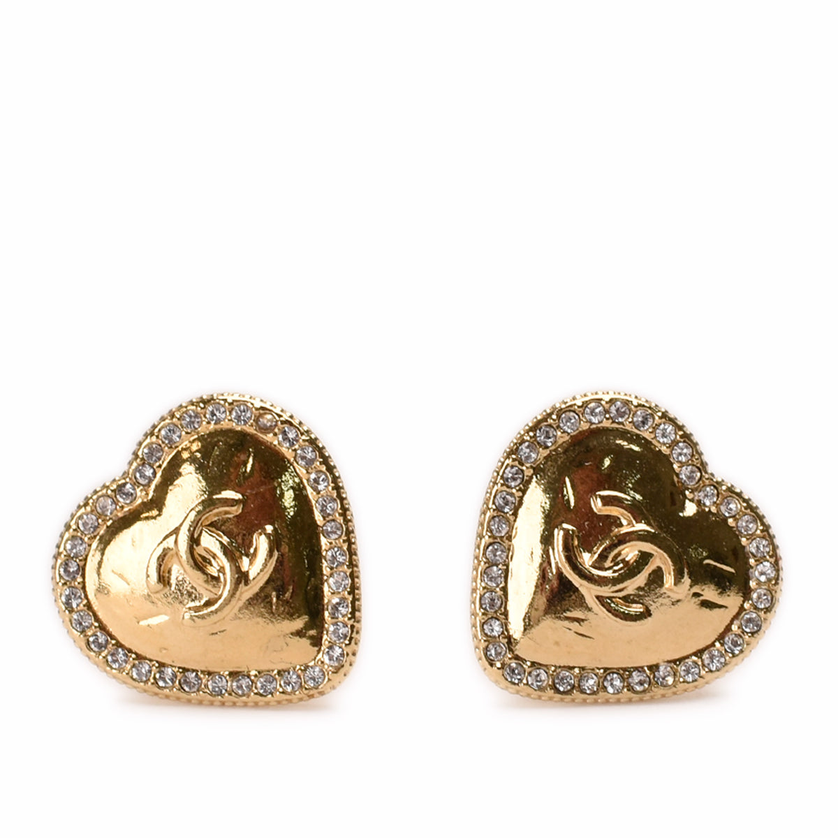 Gold-tone Chanel heart-shaped earrings with crystal embellishments. curated Pre-loved Luxury by Myluxe in Helsinki.