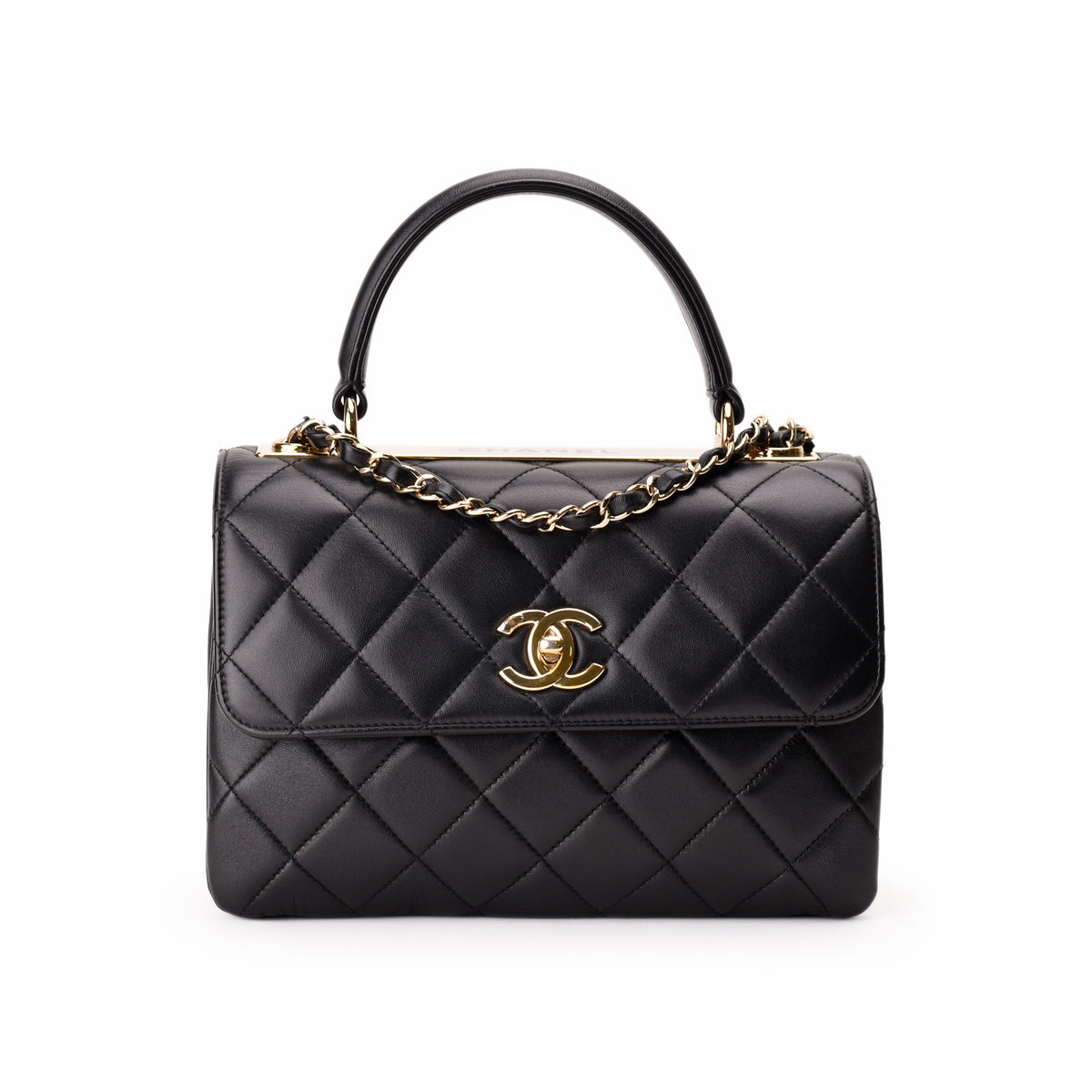 Black quilted leather Chanel handbag with gold-tone CC lock and chain, curated Pre-loved Luxury by Myluxe in Helsinki.