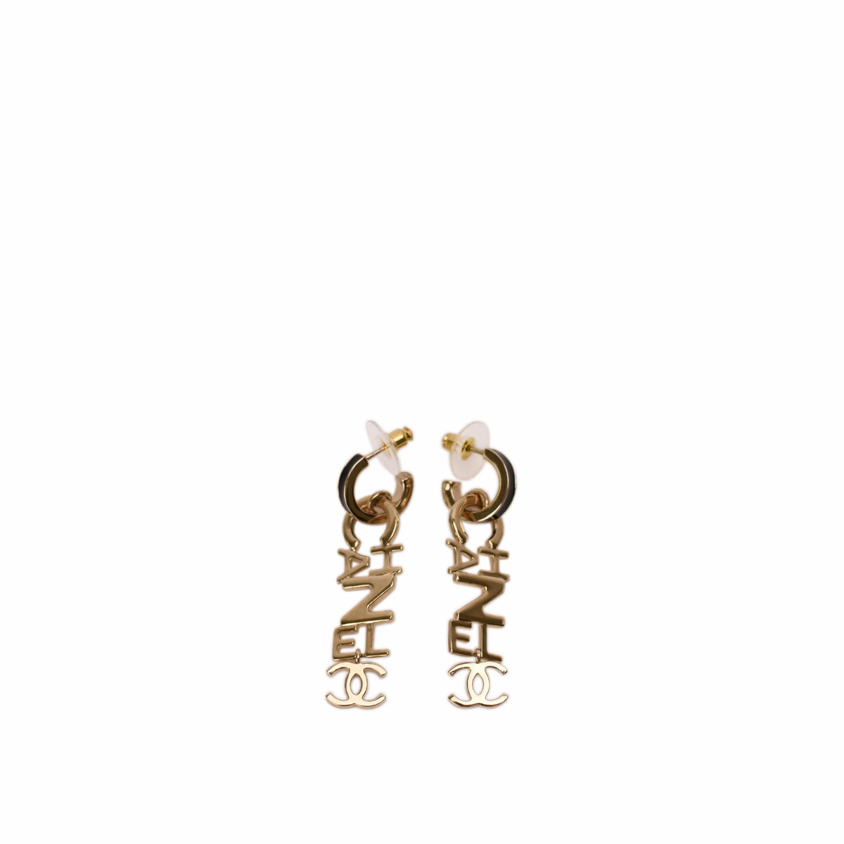Gold-tone Chanel logo drop earrings. curated Pre-loved Luxury by Myluxe in Helsinki.