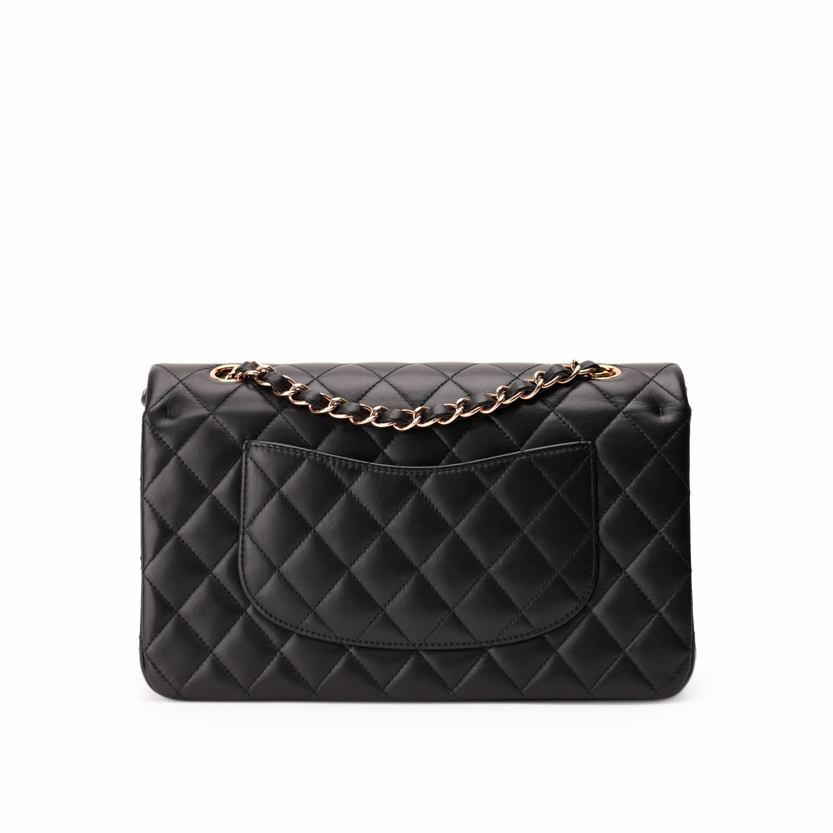 Black quilted leather handbag with rose-gold-tone chain strap, curated Pre-loved Luxury by Myluxe in Helsinki.
