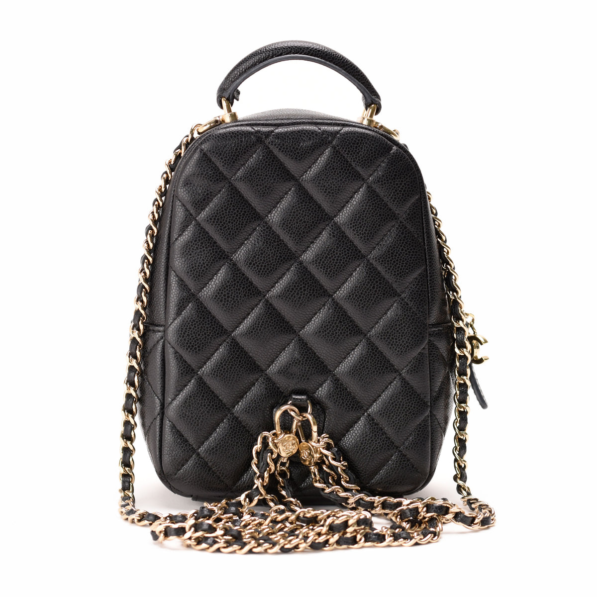 Black quilted leather backpack with gold-tone chain strap, curated Pre-loved Luxury by Myluxe in Helsinki.