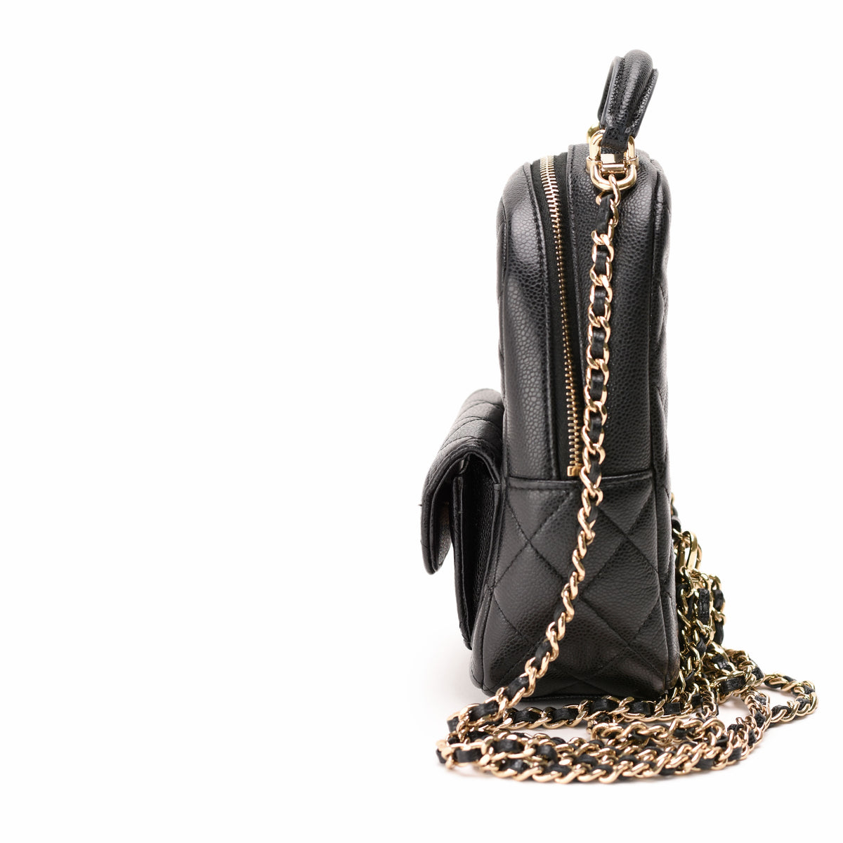 Black quilted leather crossbody bag with gold-tone chain strap, curated Pre-loved Luxury by Myluxe in Helsinki.