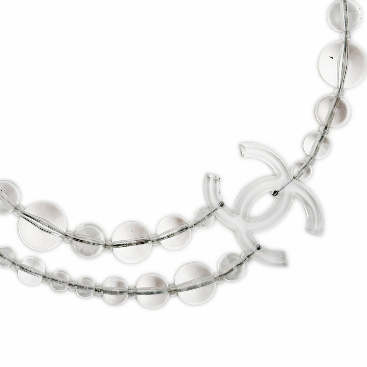 Clear translucent resin bead necklace with interlocking CC logo, curated Pre-loved Luxury by Myluxe in Helsinki.