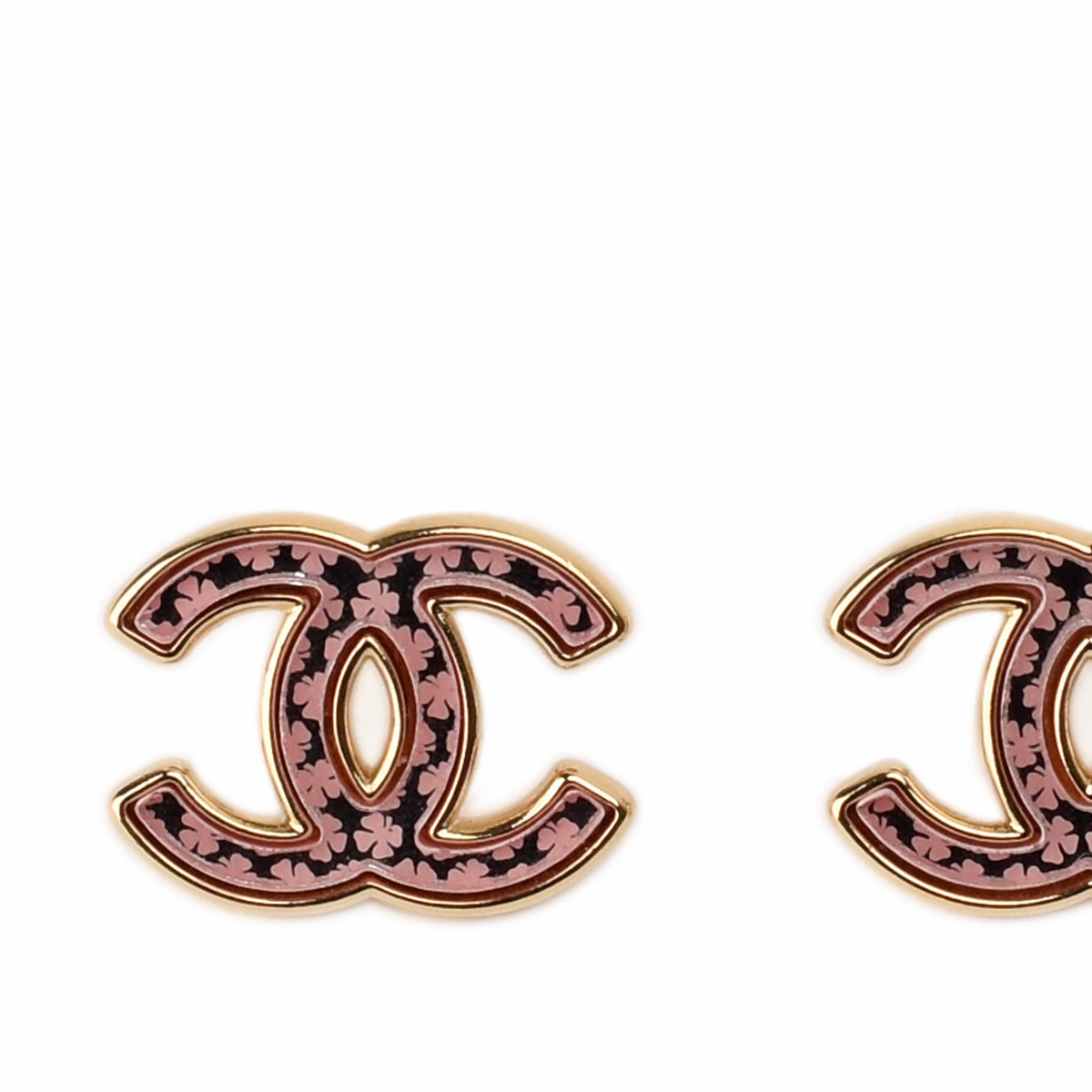 Chanel gold-tone interlocking C logo earrings with pink floral pattern, curated Pre-loved Luxury by Myluxe in Helsinki.