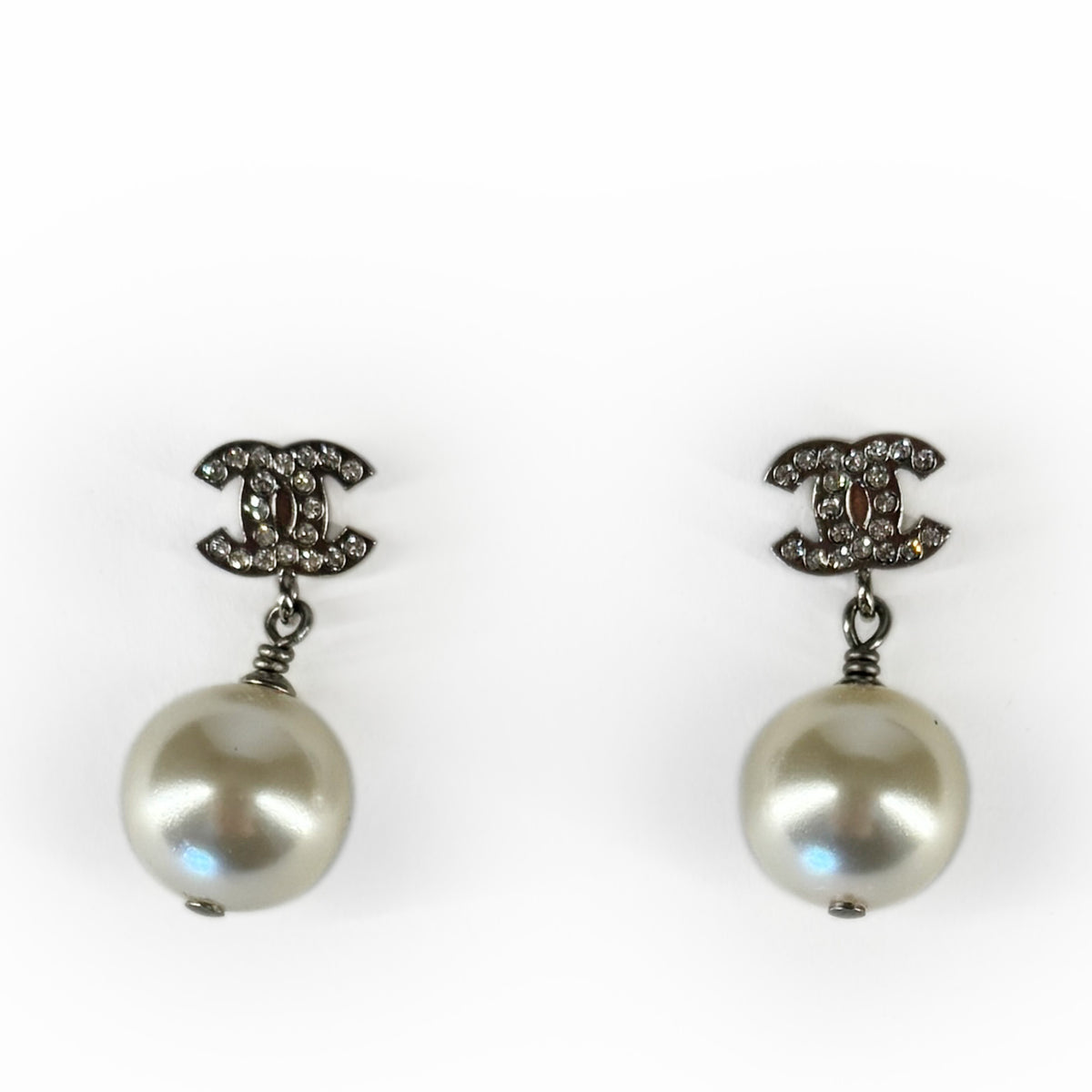 Chanel crystal logo drop earrings with large white pearls, curated Pre-loved Luxury by Myluxe in Helsinki.