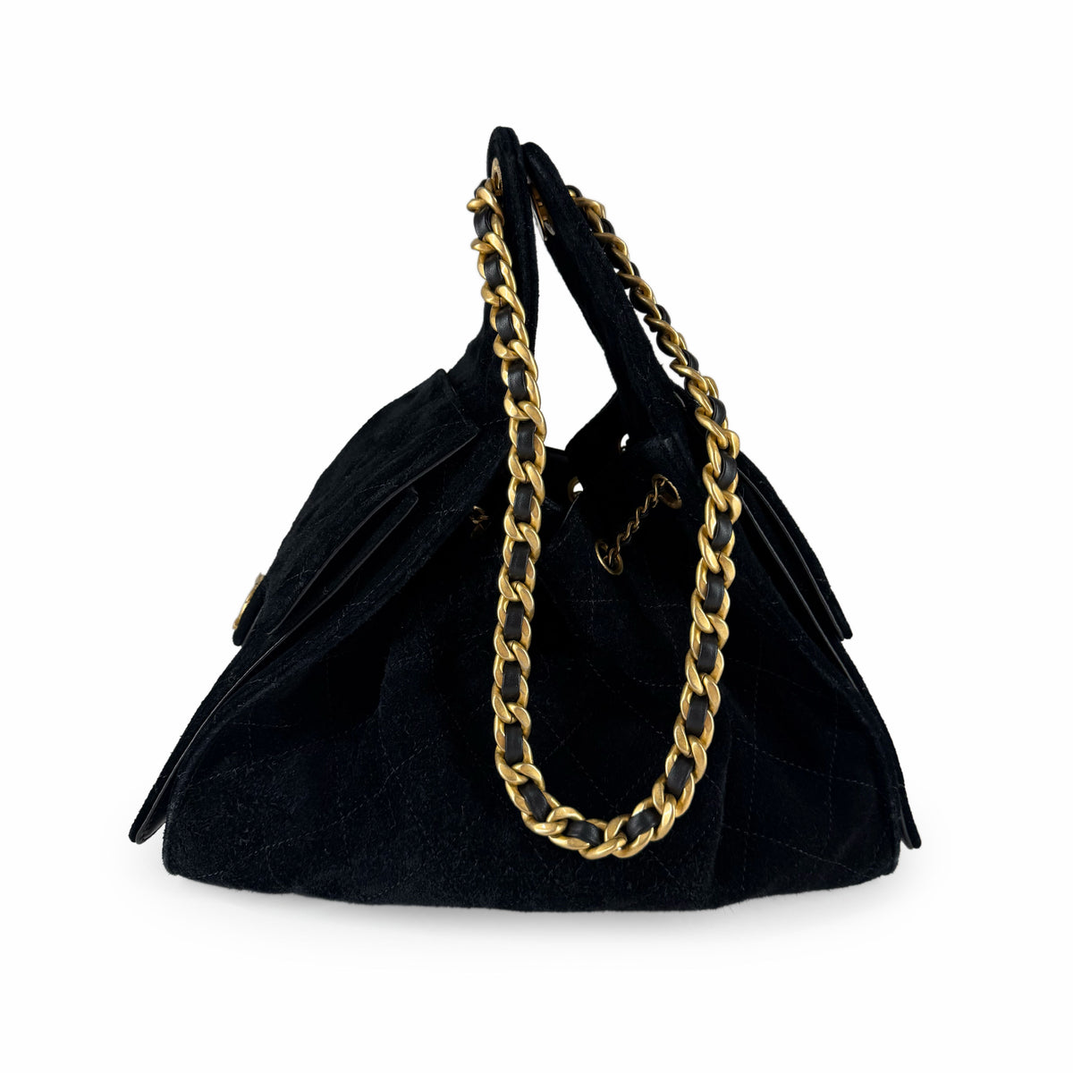 Black suede luxury handbag with gold-tone chain strap, curated Pre-loved Luxury by Myluxe in Helsinki.