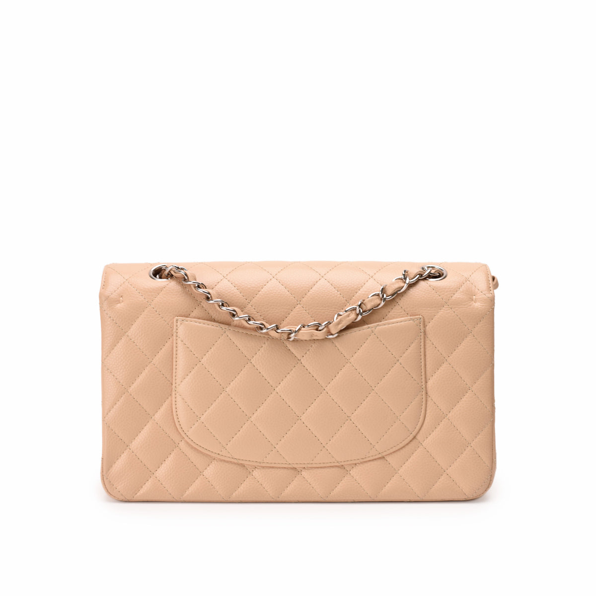 Beige quilted leather shoulder bag with silver chain strap, curated Pre-loved Luxury by Myluxe in Helsinki.