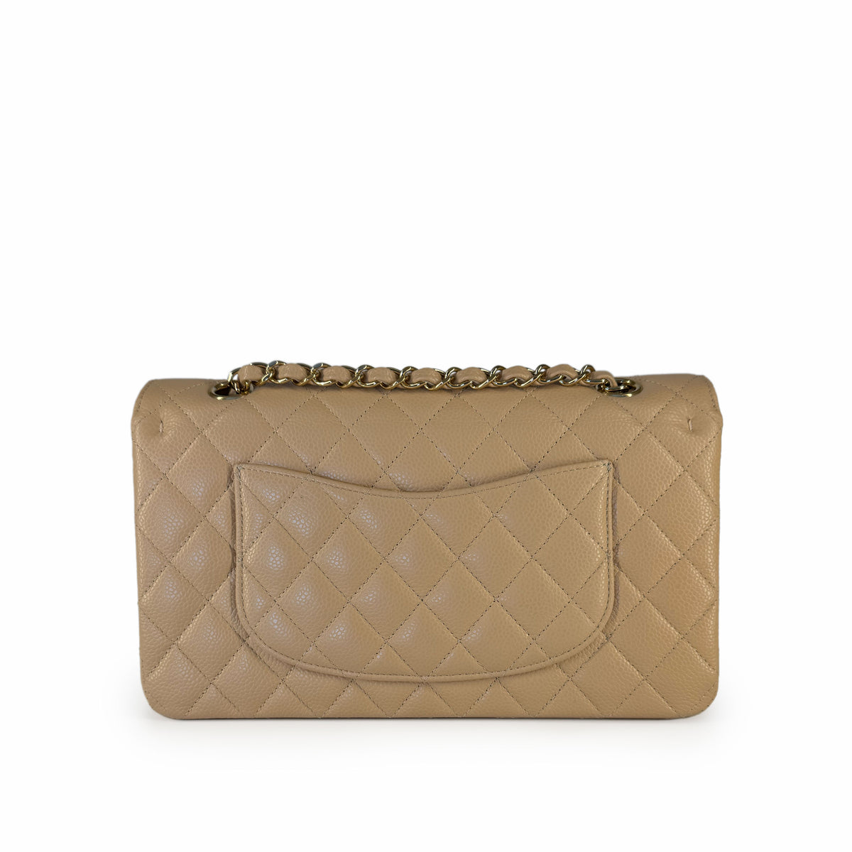 Beige quilted leather shoulder bag with gold chain strap, curated Pre-loved Luxury by Myluxe in Helsinki.