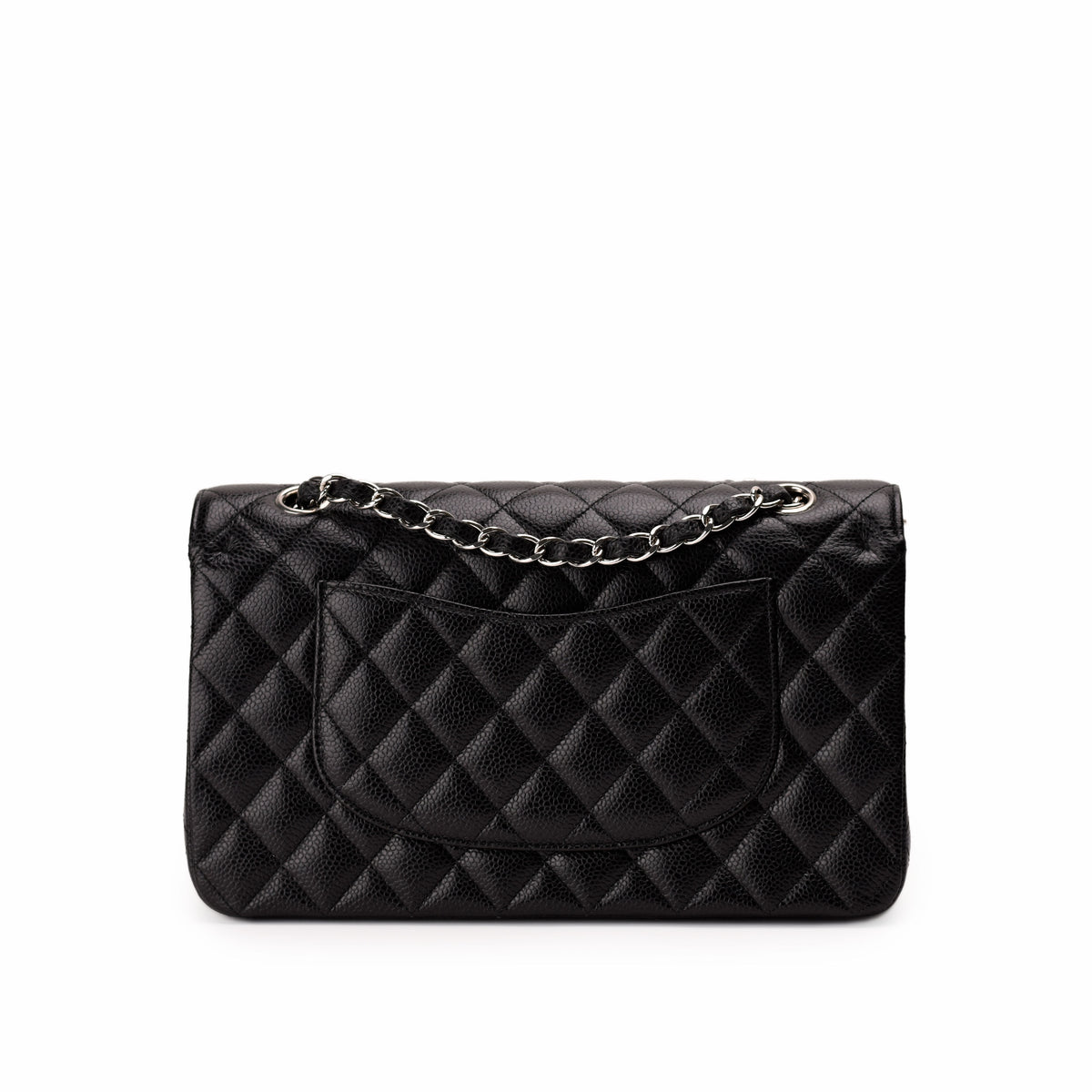 Black quilted caviar leather handbag with silver chain strap, curated Pre-loved Luxury by Myluxe in Helsinki.