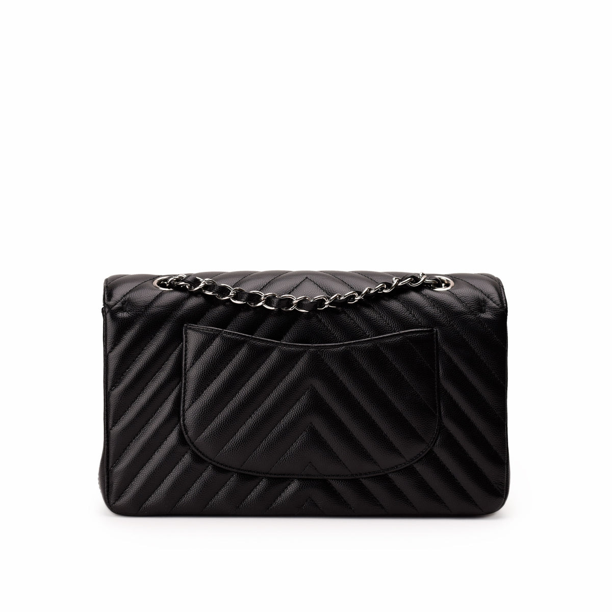 Black quilted leather flap handbag with silver chain strap, curated Pre-loved Luxury by Myluxe in Helsinki.