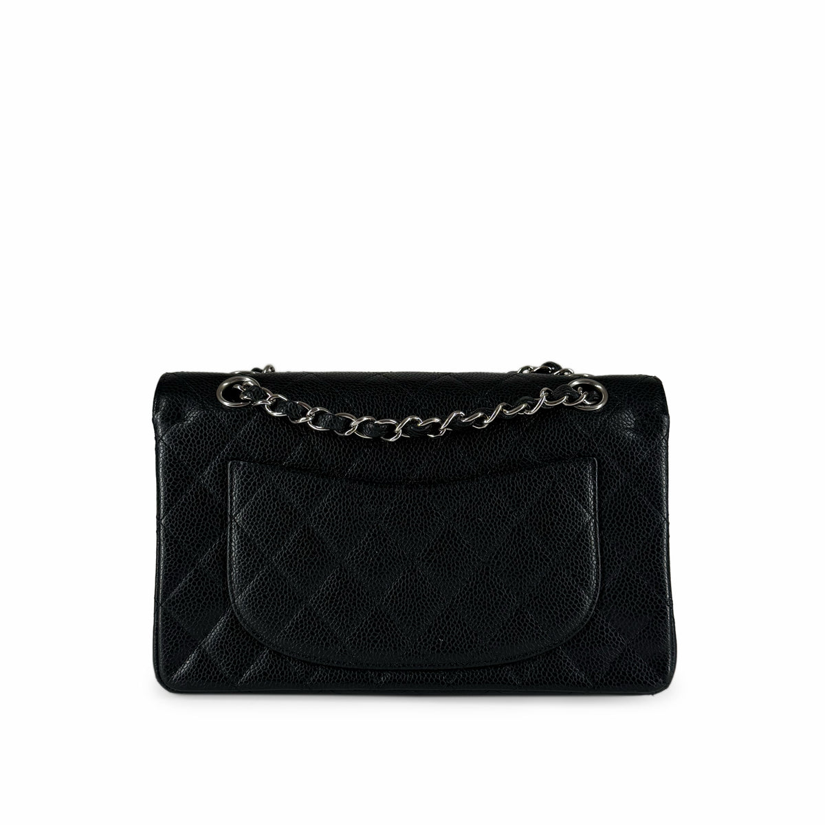 Black quilted caviar leather flap handbag with silver chain strap, curated Pre-loved Luxury by Myluxe in Helsinki.