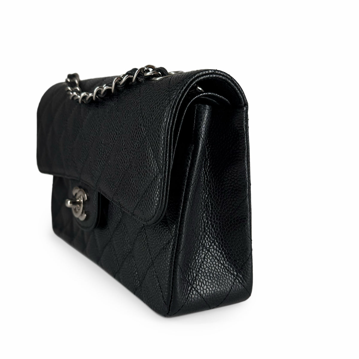 Black quilted caviar leather handbag with silver chain strap, curated Pre-loved Luxury by Myluxe in Helsinki.