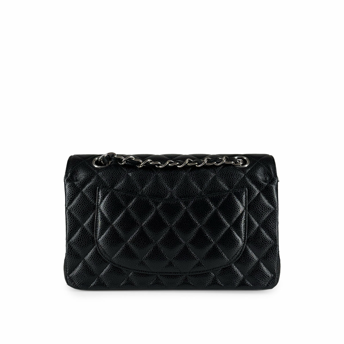 Black quilted caviar leather handbag with silver chain strap, curated Pre-loved Luxury by Myluxe in Helsinki.