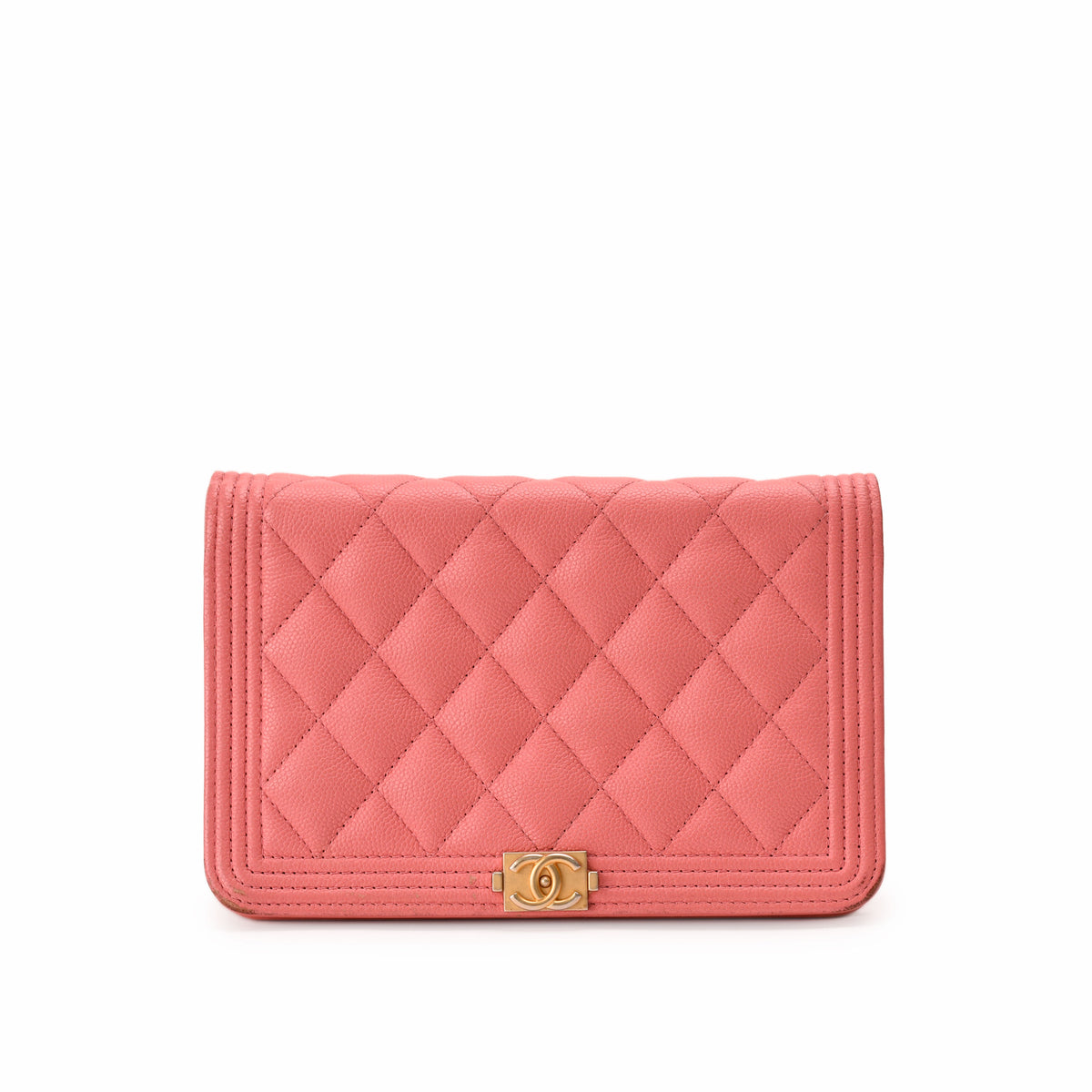 Pink quilted leather Chanel wallet with gold logo, curated Pre-loved Luxury by Myluxe in Helsinki.