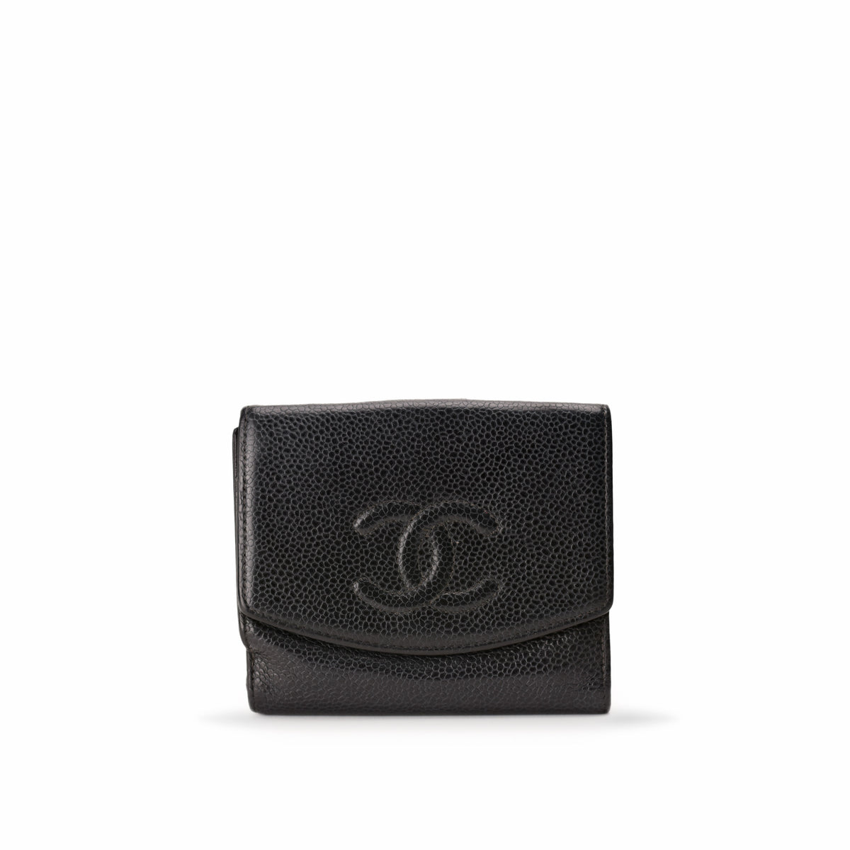 Black grained leather Chanel wallet with embossed CC logo, curated Pre-loved Luxury by Myluxe in Helsinki.
