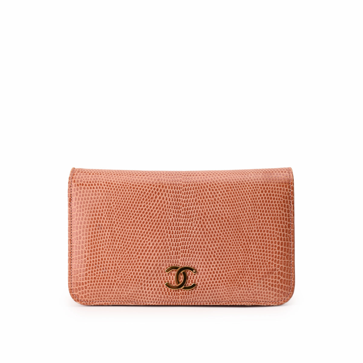 Pink Chanel lizard skin leather wallet with gold CC logo. curated Pre-loved Luxury by Myluxe in Helsinki.