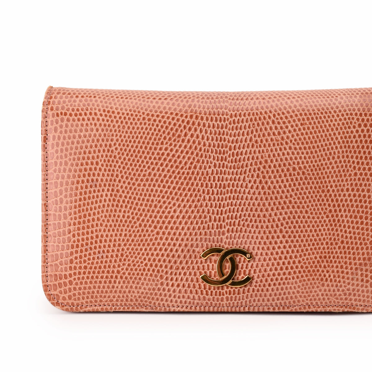 Pink snakeskin leather Chanel wallet with gold CC logo. curated Pre-loved Luxury by Myluxe in Helsinki.