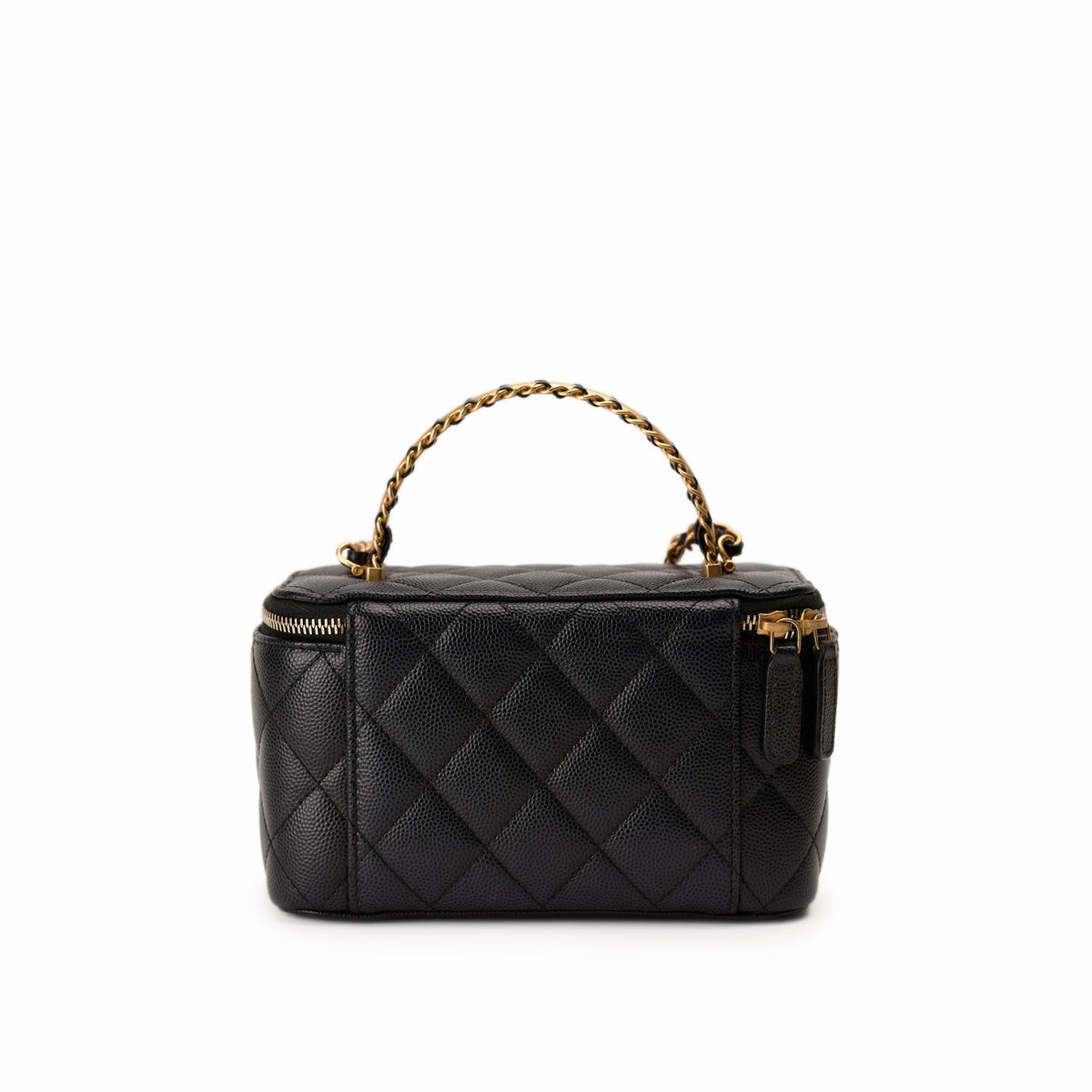Black quilted leather Chanel vanity case with gold chain handle, curated Pre-loved Luxury by Myluxe in Helsinki.
