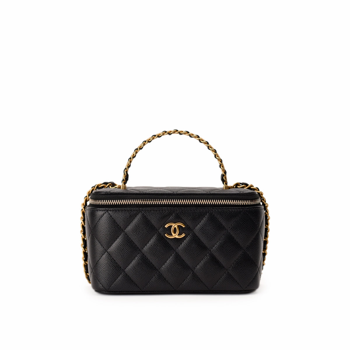 Black quilted leather Chanel handbag with gold-tone chain handle, curated Pre-loved Luxury by Myluxe in Helsinki.