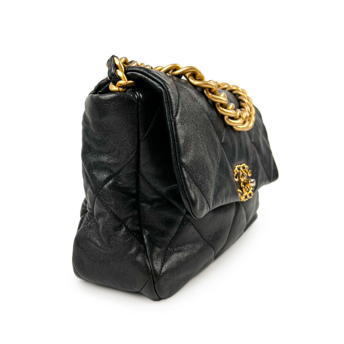 Black quilted leather handbag with gold chain strap and logo clasp, curated Pre-loved Luxury by Myluxe in Helsinki.