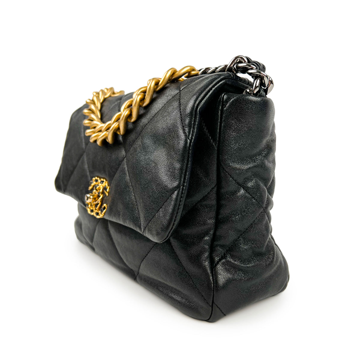 Black quilted leather handbag with gold chain strap and logo, curated Pre-loved Luxury by Myluxe in Helsinki.