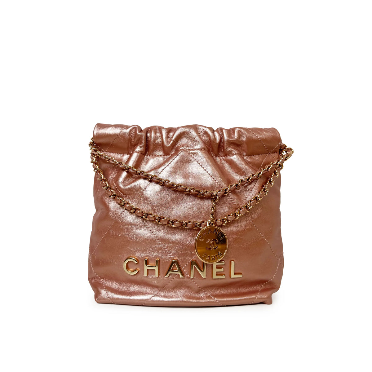 Chanel rose gold metallic leather pouch with gold chain strap, curated Pre-loved Luxury by Myluxe in Helsinki.
