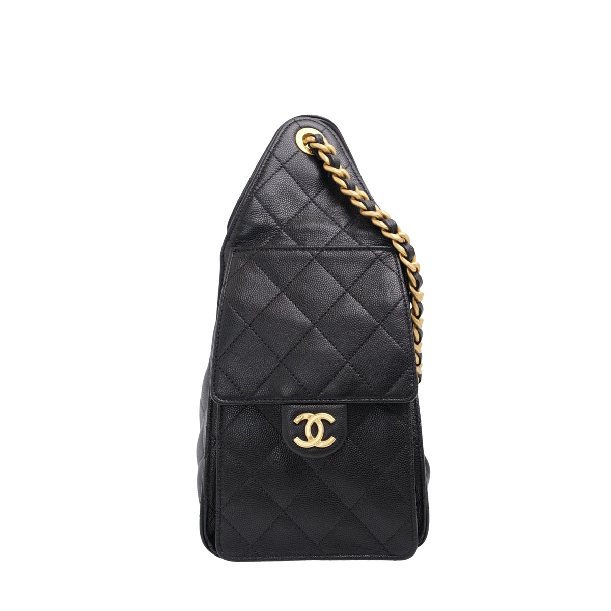 Black quilted caviar leather Chanel flap bag with gold-tone chain strap. curated Pre-loved Luxury by Myluxe in Helsinki.